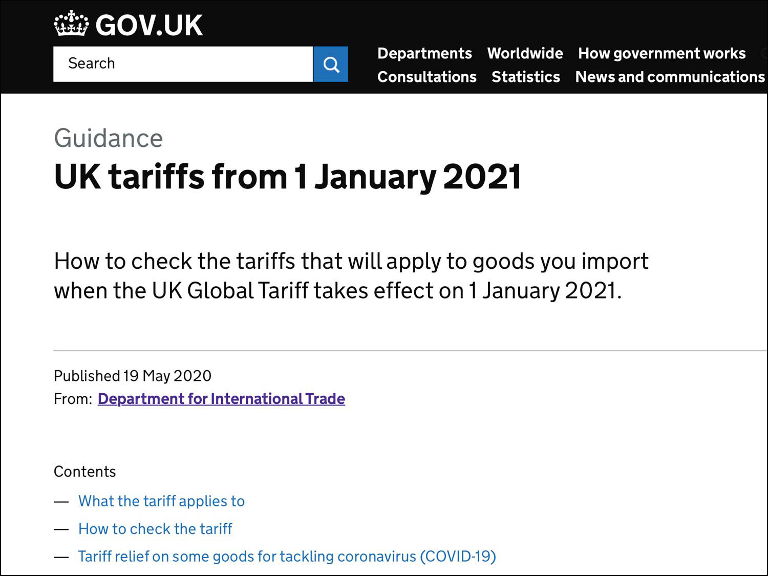 Post Brexit tariff revealed assuming No Deal exit Post Brexit tariff revealed assuming No Deal exit